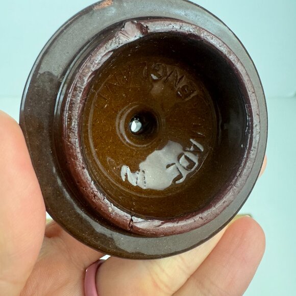 Vtg Single Serve Brown Genuine Old English Redware Teapot w Green Tan Stripes - Picture 11 of 13